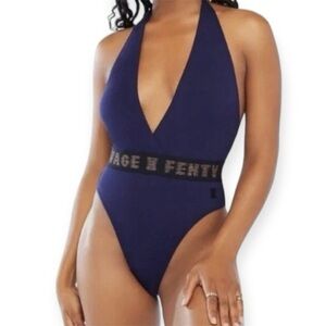 Savage X Fenty Navy Blue Logo Plunge Halter Open Back Bodysuit